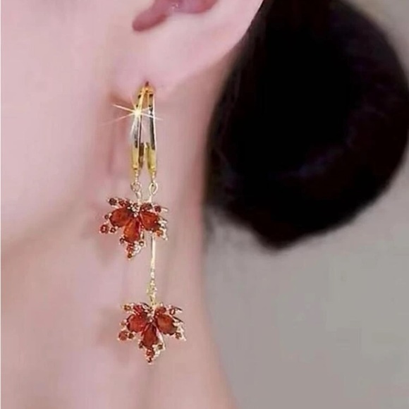 Cubic Zirconia Autumn Leaf Dangle Earrings - Picture 3 of 5